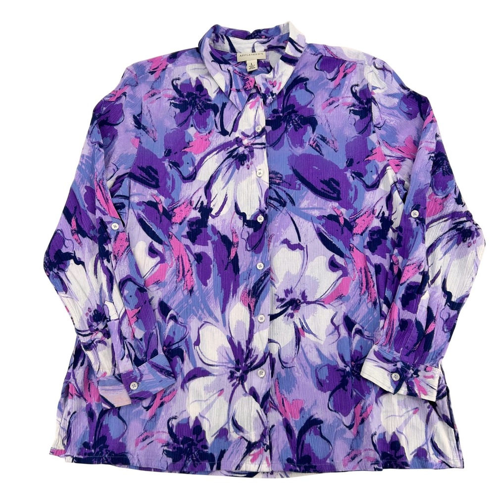 Appleseed's Blouse Women L Purple Cotton Vibrant Floral Button Up Roll-Tab Boho